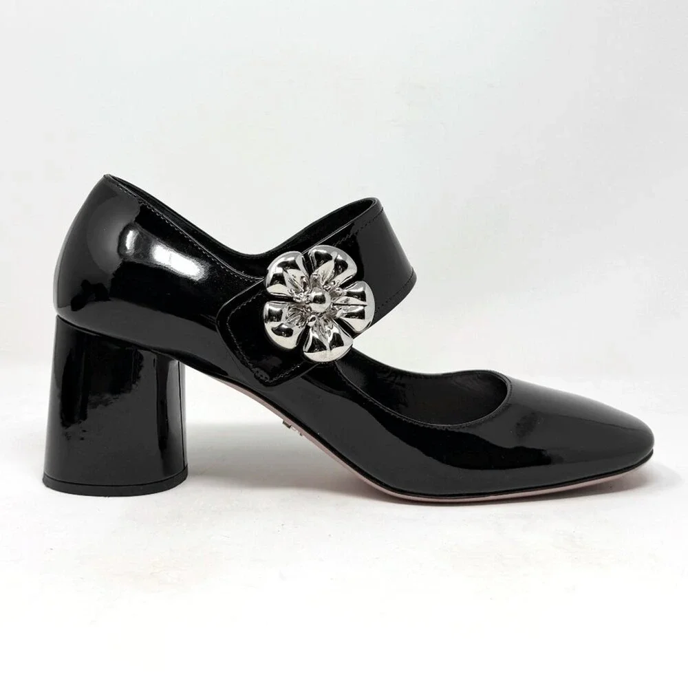 Prada Black Patent Mary Jane‎ Heels Silver Buckle Block Pumps 38.5